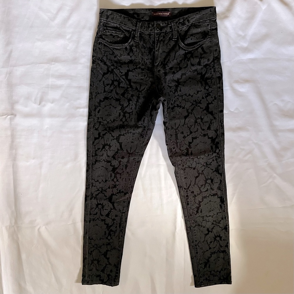 Marchesa Voyage Black Size 27 Print Velvet Skinny Pants. New With Tag.